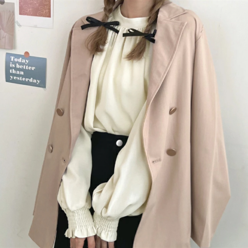 樂天日版半高領泡泡袖雪紡襯衫 優雅淑女OL