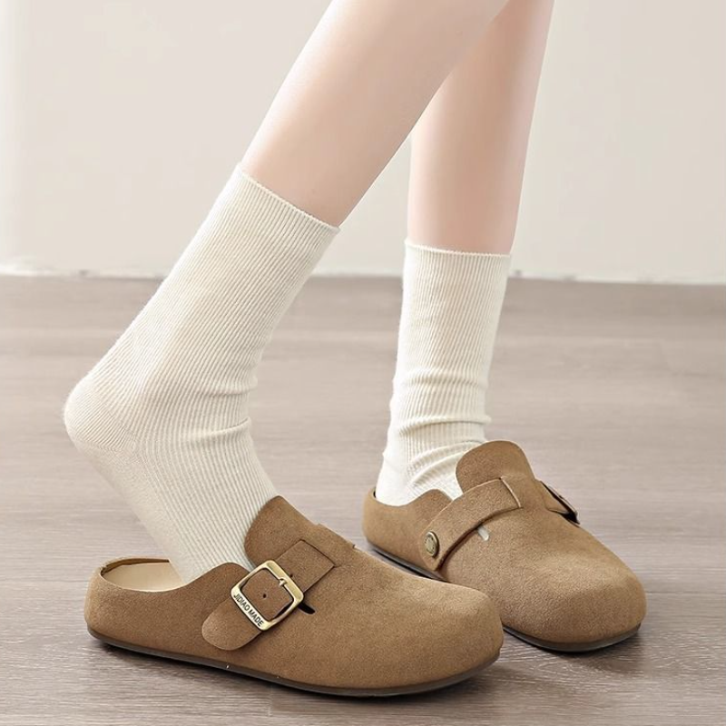 簡約包頭半拖鞋 可調扣帶設計 平底舒適 百搭休閒款