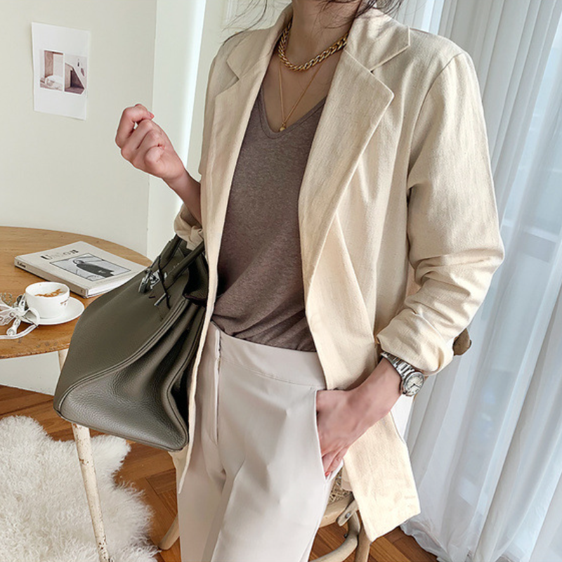 早秋韓國棉麻西裝外套 寬鬆英倫風小西服