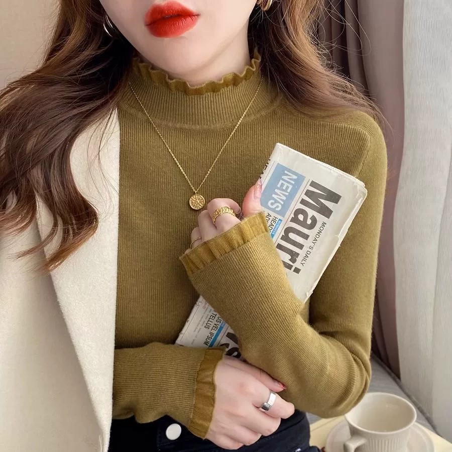 韓國花邊立領上衣-素面蕾絲婚禮OL針織長袖拼接親膚