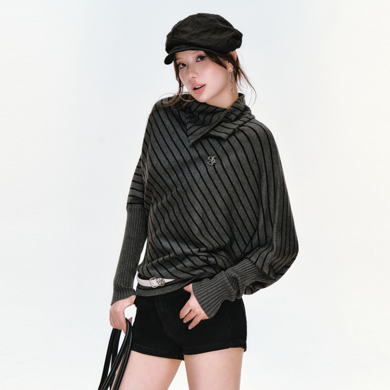 條紋蝙蝠袖針織上衣 高翻領/可翻折 寬鬆慵懶 顯瘦有復古感