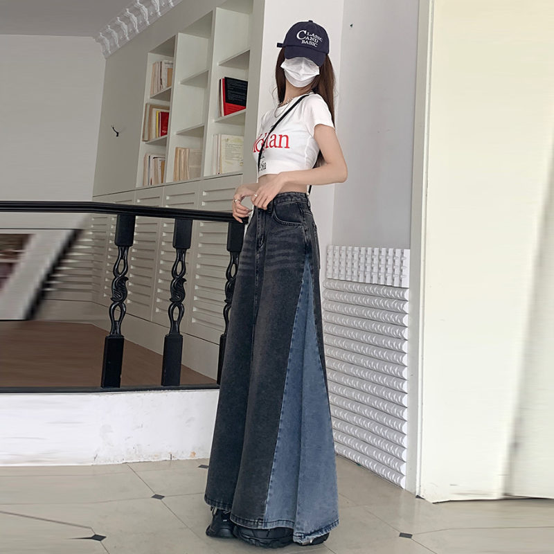 高腰牛仔長裙 小眾設計復古風 顯瘦遮肉A字長版半身裙 春秋款