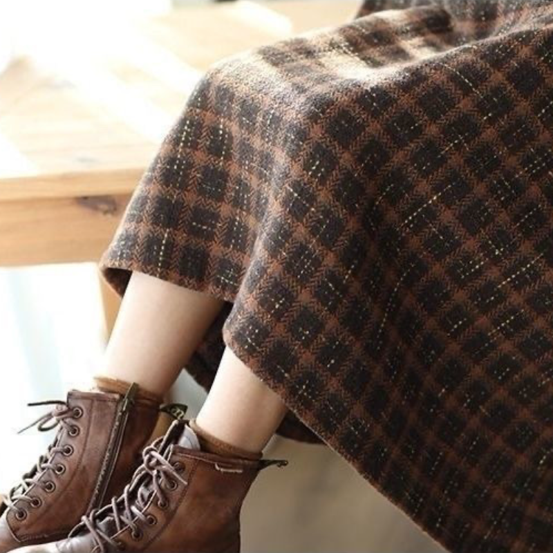 復古顯瘦格紋毛料中長裙 秋冬遮肉半身裙