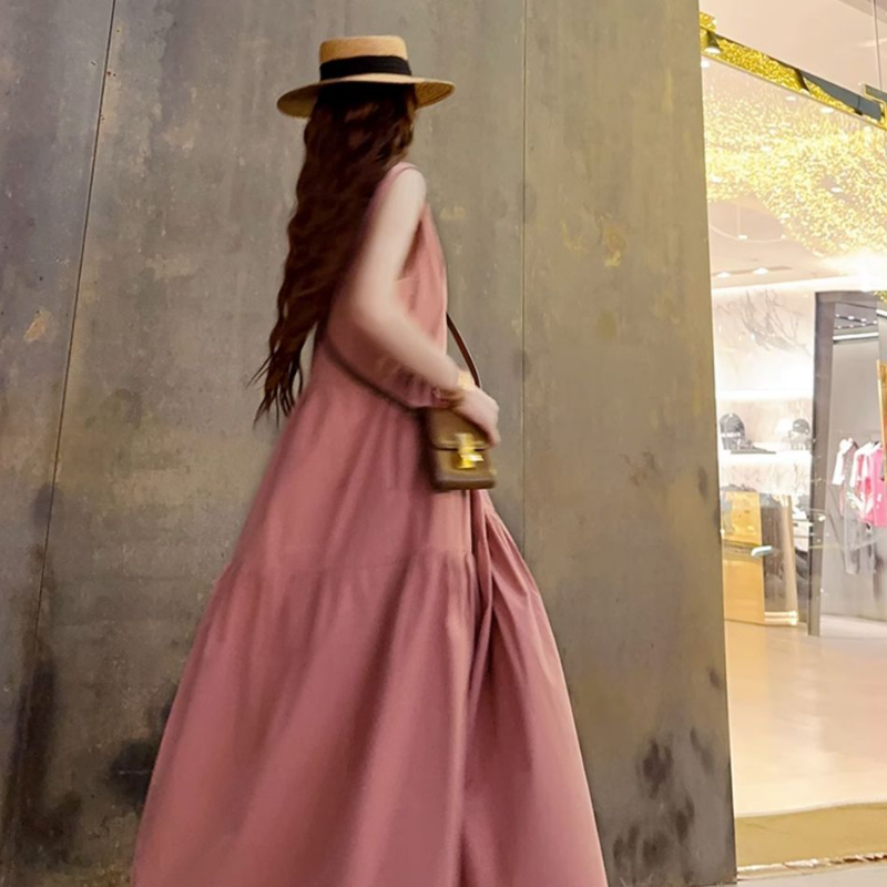 文青風無袖大擺長洋裝 寬鬆A字剪裁 及踝長度 氣質藍色洋裝