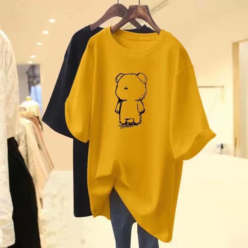 純棉熊熊印花寬鬆短袖T恤 中長版休閒百搭款