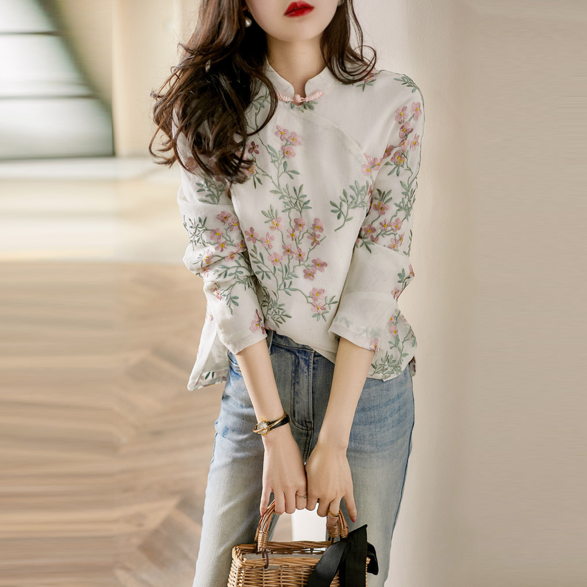 和洋折衷盤扣罩衫 昭和風手繪藍染襯衫 旗袍領口印花上衣