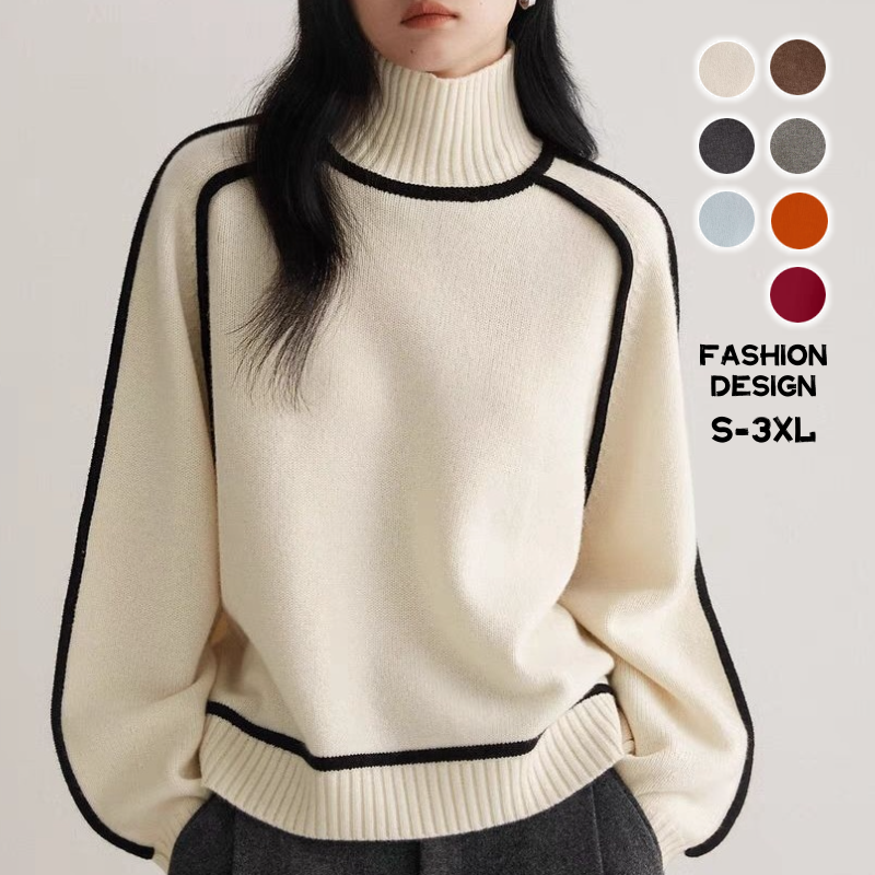 高領插肩針織毛衣 法式感燈籠袖 滾邊設計 寬鬆版型