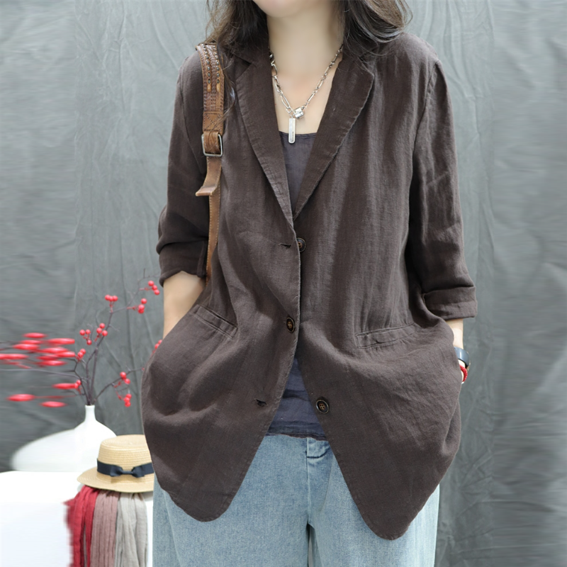 棉麻小西裝外套 春秋薄款 寬鬆版 文青復古 好搭休閒