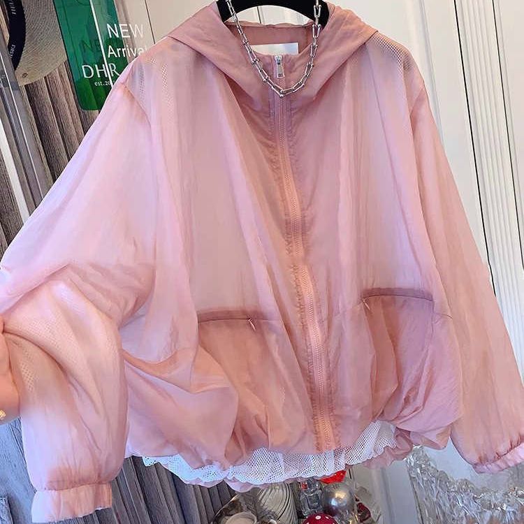 大尺碼寬鬆顯瘦連帽抗UV連帽罩衫 防曬短款外套  防潑水抗靜電微甜心機設計
