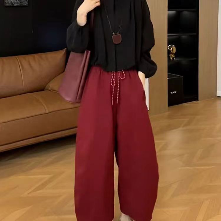 早秋兩件式套裝 圓領長袖上衣＋高腰寬褲 簡約顯瘦 成套穿搭