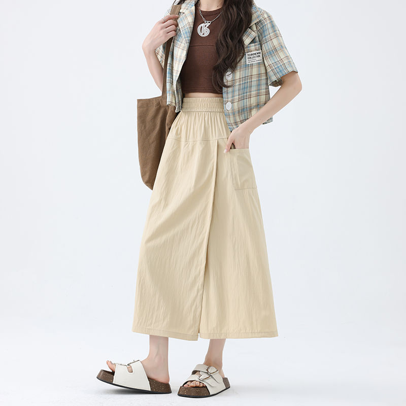 甜酷美式工裝冰絲褲裙 鬆緊腰不卡小腹 山本夏季高腰A字開叉半身裙