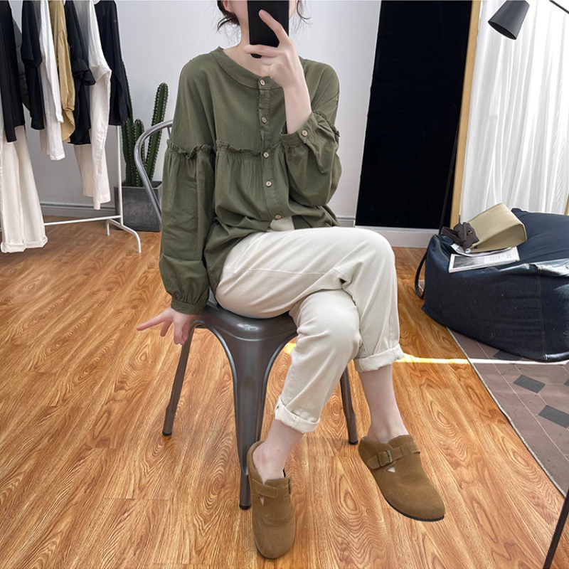 純棉燈籠袖襯衫 圓領排釦 荷葉邊拼接 寬鬆復古感