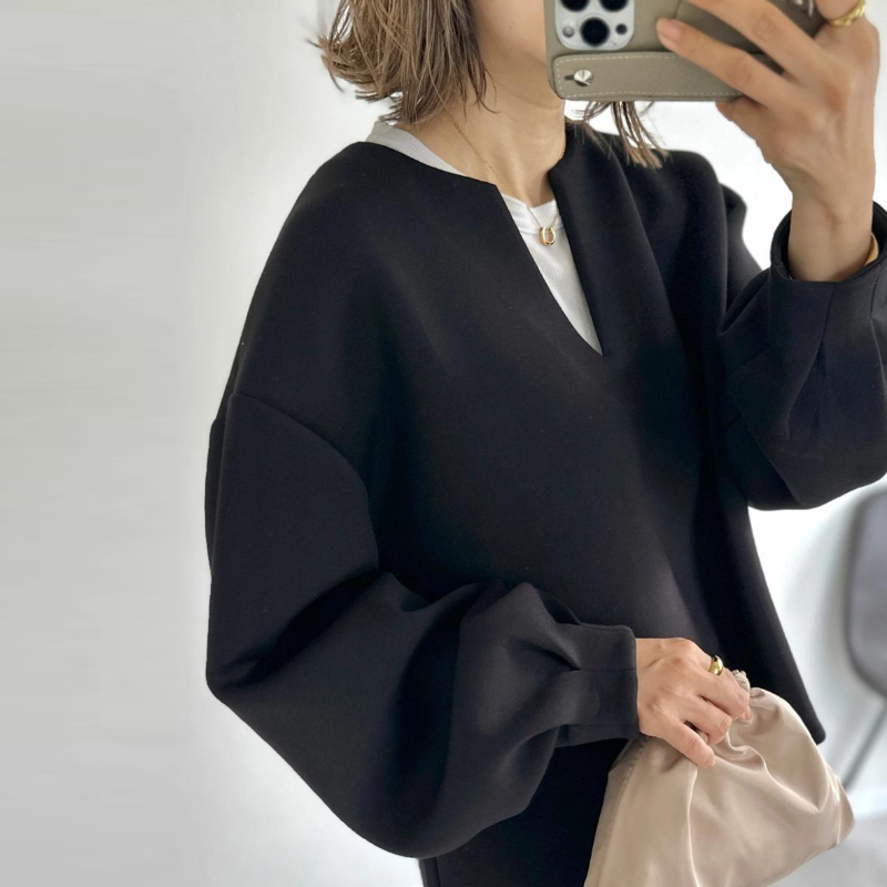 3色樂天日系寬鬆V領燈籠袖上衣-秋冬時尚百搭外套