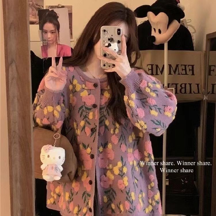 簡約 ‧ 甜美立體花朵針織外套秋冬復古提花