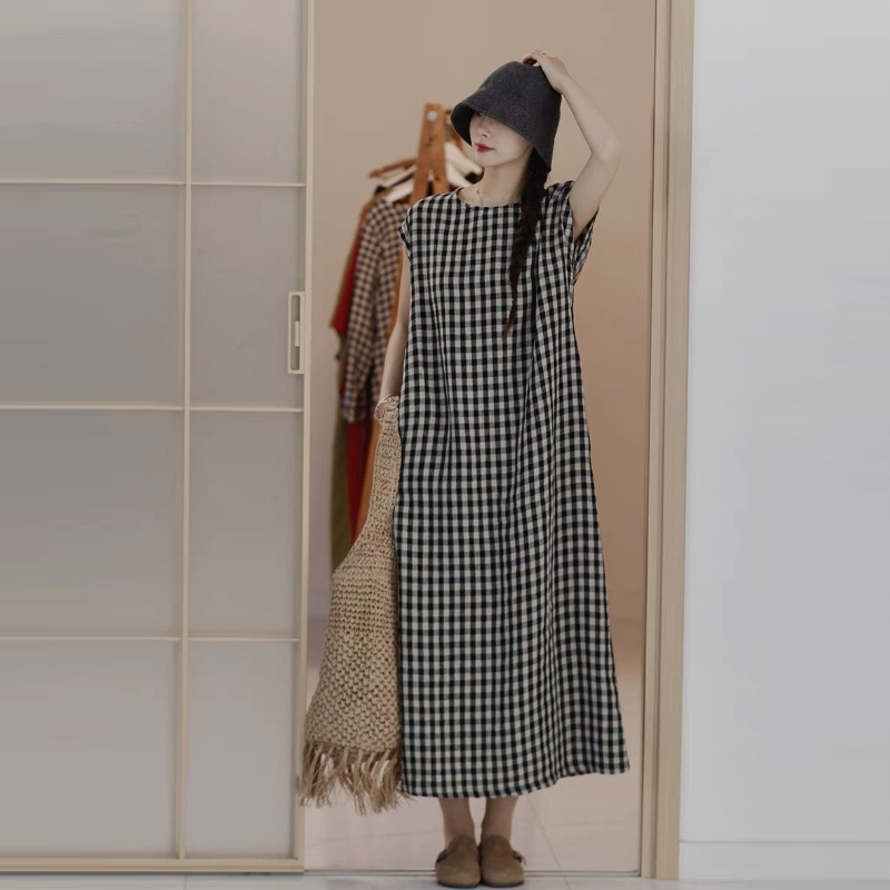 棉麻格紋無袖長洋裝 復古文青風
