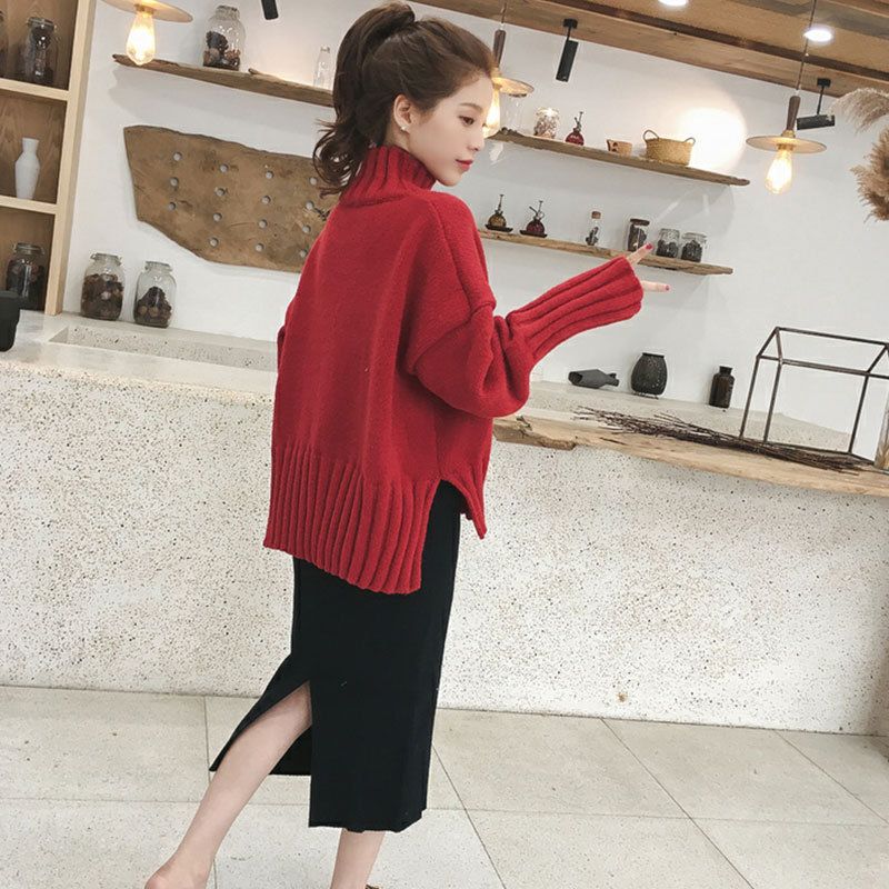 寬鬆高領針織毛衣 落肩版型 加長羅紋下擺與袖口