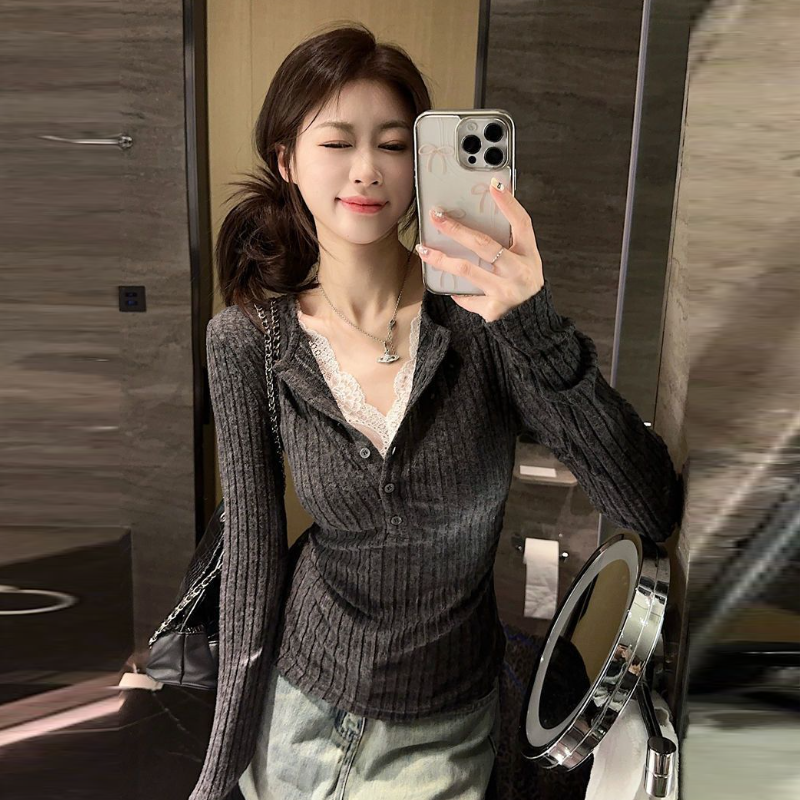 假兩件蕾絲拼接針織上衣 坑條羅紋 秋冬收腰修身長袖打底款