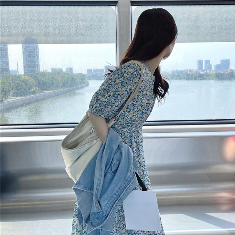 溫柔毆膩浪漫出遊·泡泡袖碎花連身長裙 甜美顯瘦法式氣質洋裝