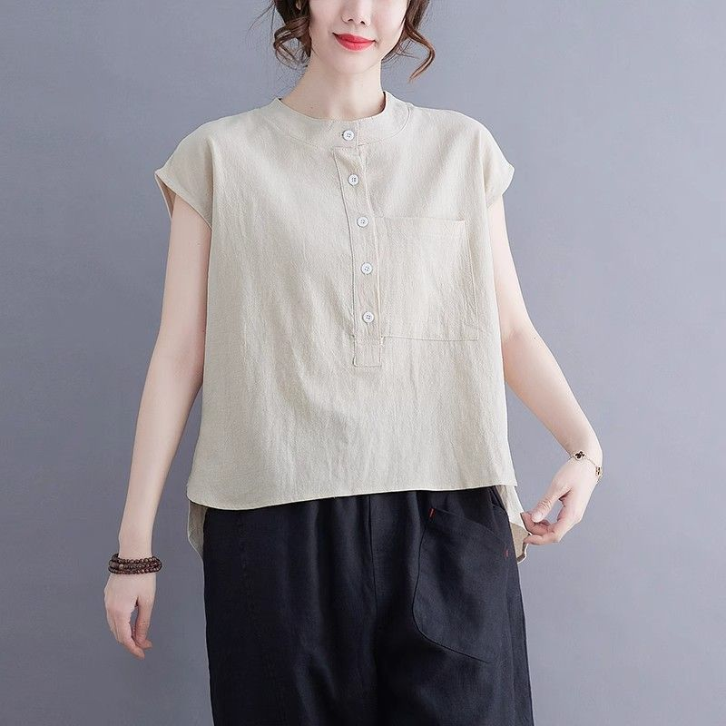夏季棉麻無袖上衣｜文青風立領素色寬版襯衫 大尺碼百搭款