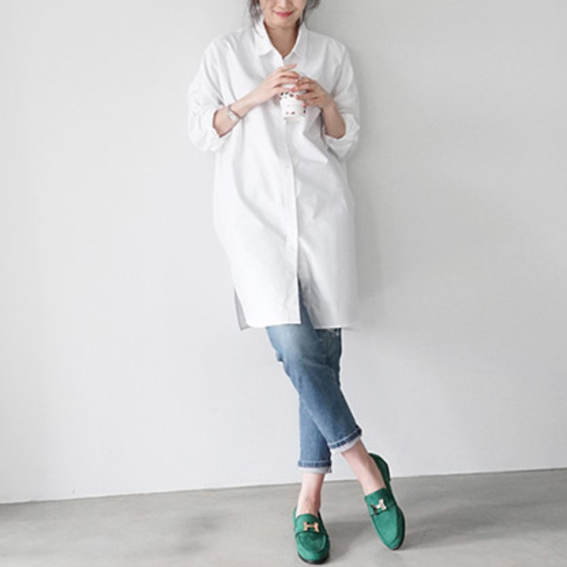 韓系純棉寬鬆版型條紋罩衫襯衫 過膝藏肉剪裁 慵懶風寬袖翻領上衣外套