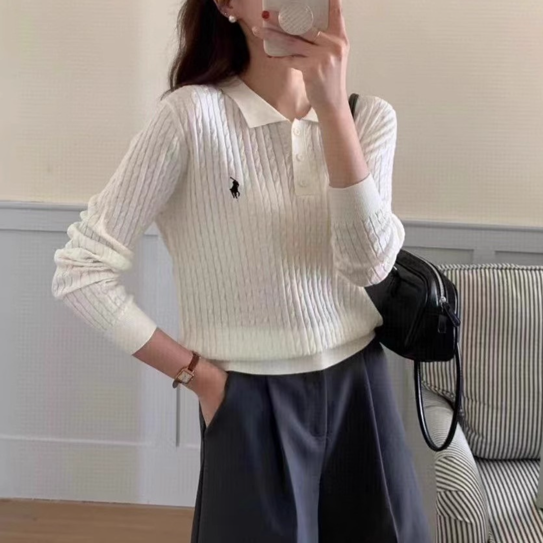 復古灰色翻領刺繡針織衫 通勤麻花毛衣顯瘦上衣