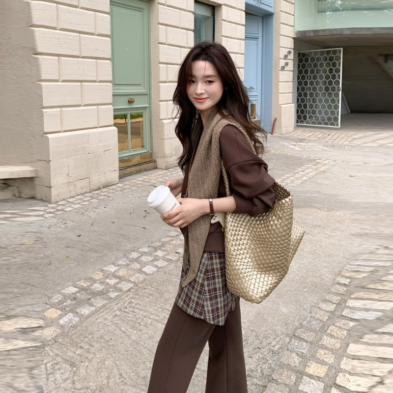 兩件式休閒套裝 長袖上衣＋高腰寬褲（拼接設計）