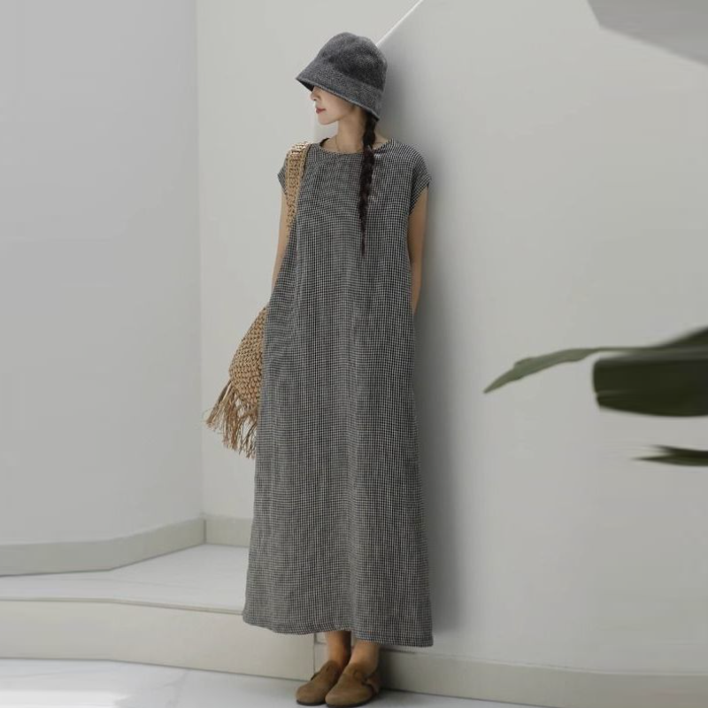 棉麻格紋無袖長洋裝 復古文青風