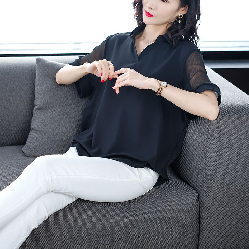 女人魅力UP通勤透膚雪紡衫黑色短袖v領 韓版襯衣