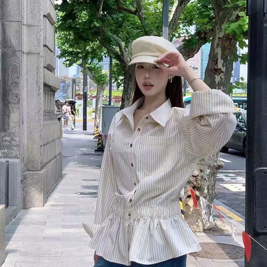 長袖條紋襯衫 抽繩收腰＋荷葉擺 顯瘦有型 秋季上衣
