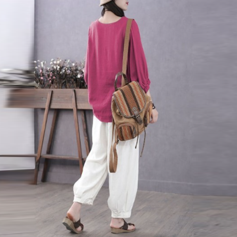 寬鬆五分袖上衣 春夏秋棉質 圓領縮口蓬袖 顯瘦百搭 外穿好搭