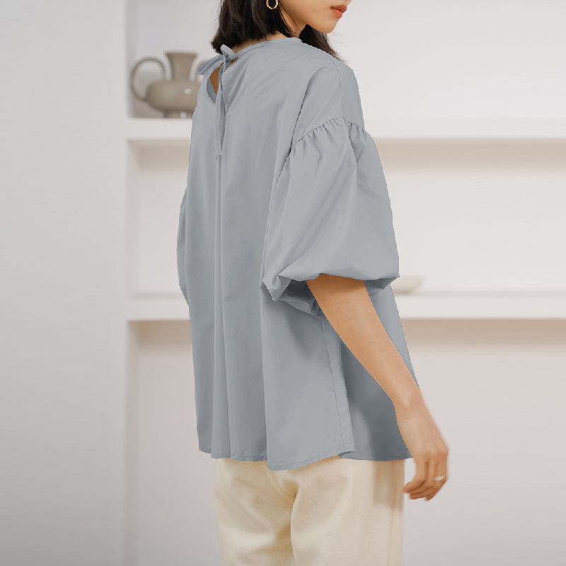 樂天新款 日韓寬鬆大版棉質襯衫 超大燈籠袖圓領五分袖上衣