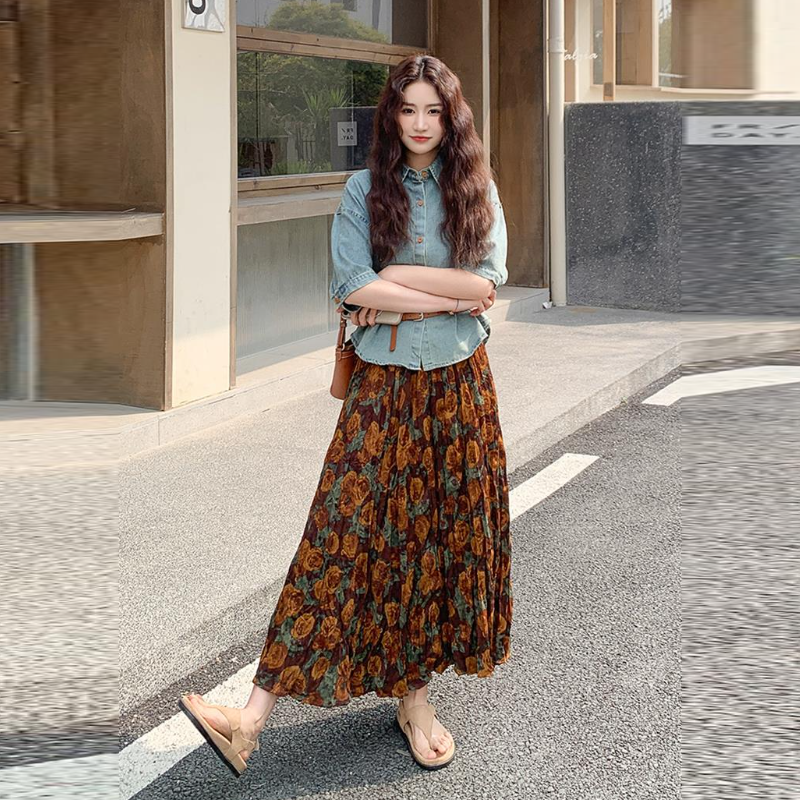 復古兩件式套裝 短袖牛仔襯衫＋碎花中長裙 成套穿搭