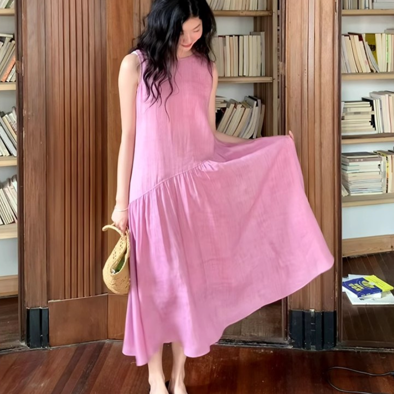 素色棉麻連身裙 韓系減齡棉質鬆身洋裝