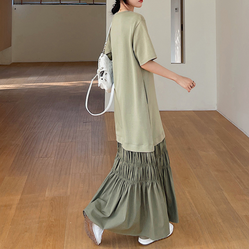 氧氣感落地傘擺洋裝 錯位拼接剪裁 冰絲罩衫藏腹棉質連身裙