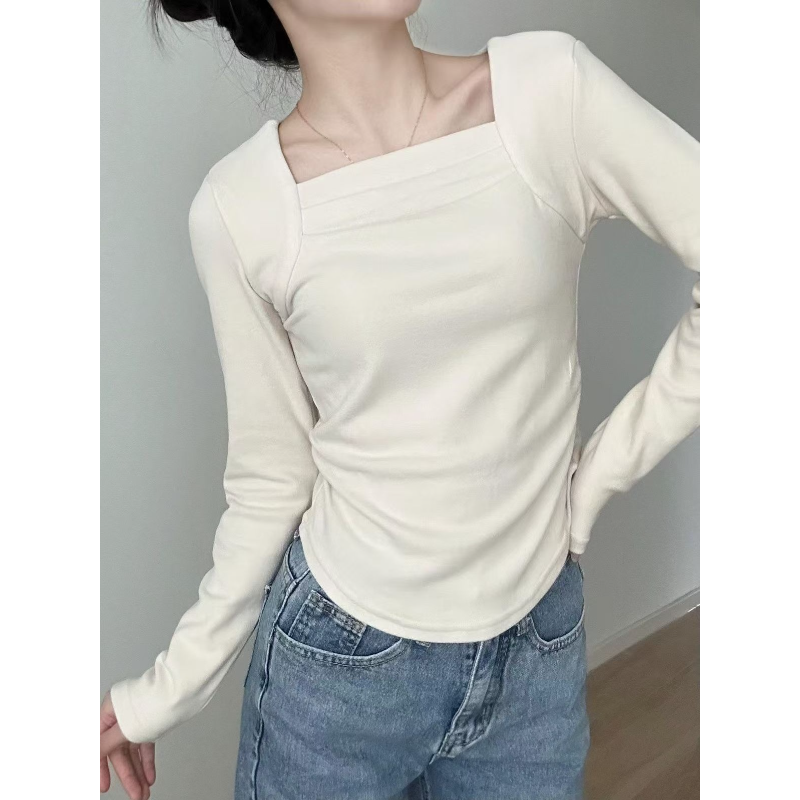 方領保暖上衣 德絨發熱材質 內刷毛 褶皺設計 收腰修身 長袖T恤