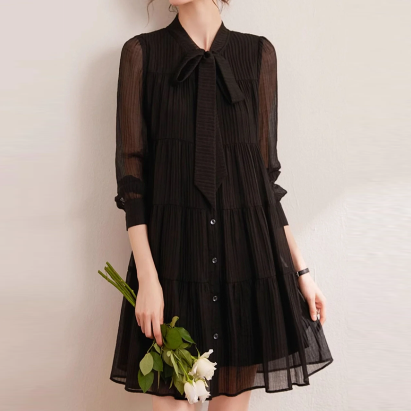 綁帶立領層次蛋糕洋裝 長袖‧輕甜氣質