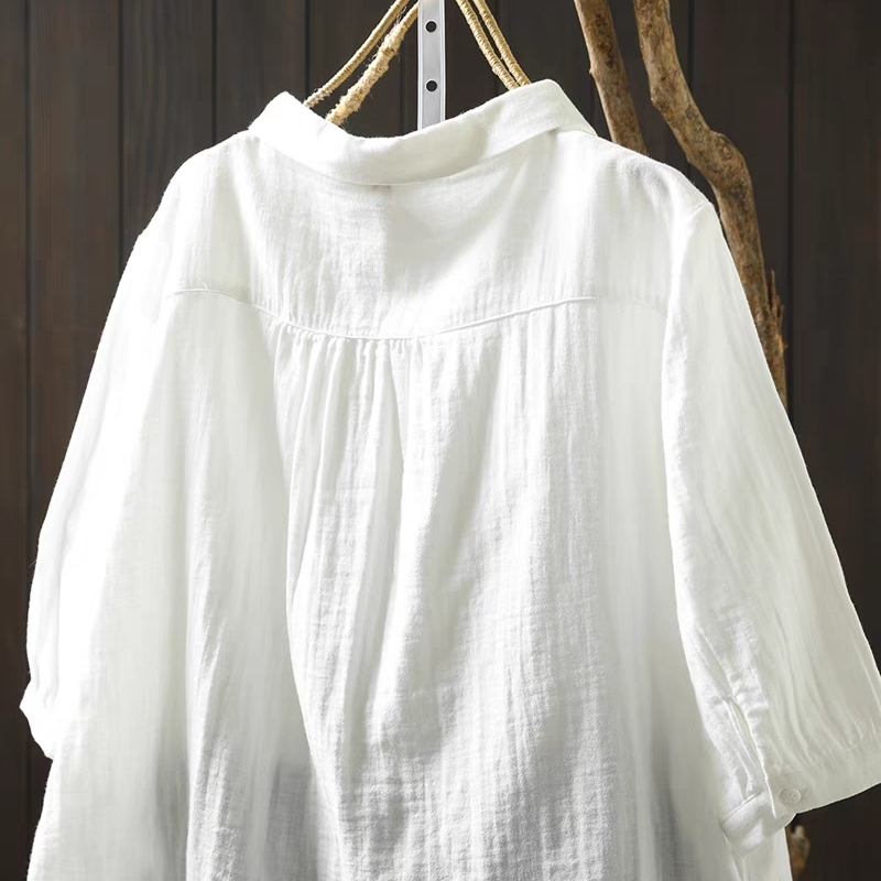 雙層棉紗寬鬆襯衫 五分袖設計 文青休閒百搭上衣