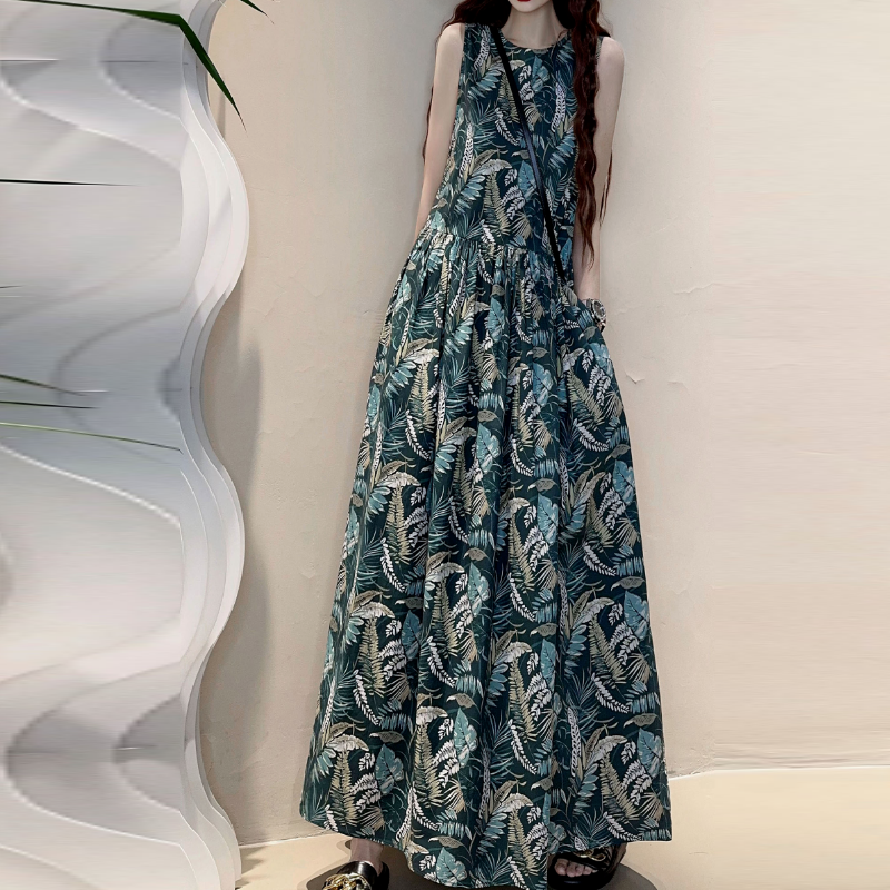 文青系必收 赫本復古長洋裝 韓系A字寬版遮小腹顯瘦裙 透氣背心式連身裙 森女風長版過膝洋裝