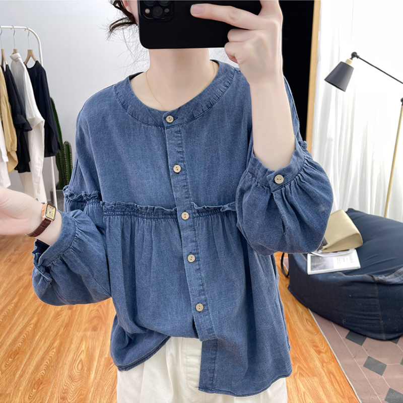 純棉燈籠袖襯衫 圓領排釦 荷葉邊拼接 寬鬆復古感