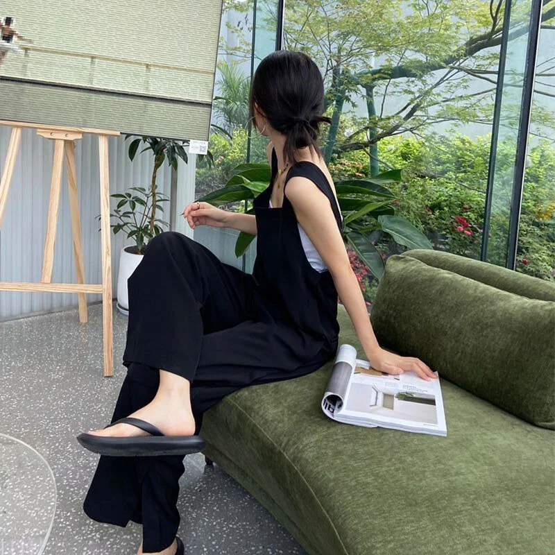 簡約方領連身吊帶寬褲 氣質減齡元氣背帶寬褲連身褲