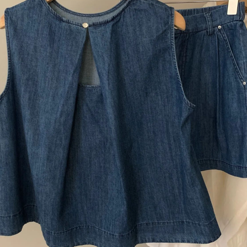 牛仔顯瘦組合 冰氧牛仔抗熱背心+高腰短褲 兩件減齡兩件套