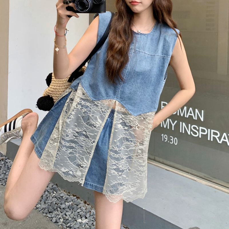 韓系穿搭古董蕾絲馬甲 × 丹寧短褲​度假組​