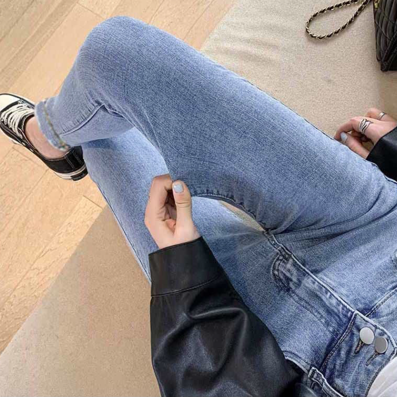 超彈高腰雙釦顯瘦牛仔褲 秋季百搭韓系修身小腳褲