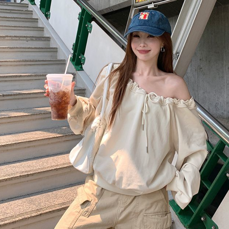 韓系綁帶斜肩寬鬆大學T 慵懶感套頭長袖上衣
