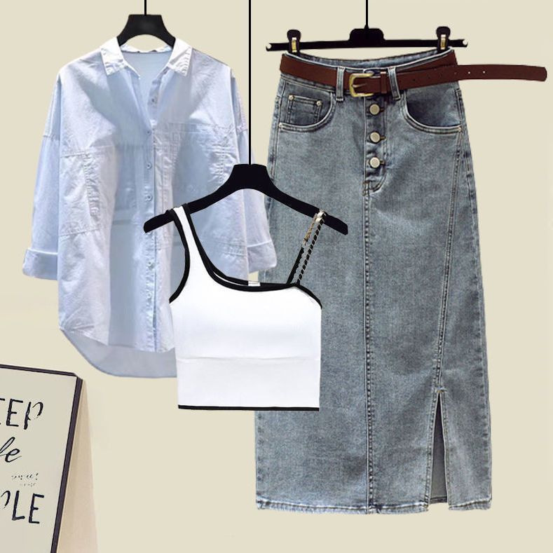 【單品可選】棉花糖救星套組 可拆式三穿機能套組 立體條紋翻領襯衫+美背細肩帶+丹寧半身裙