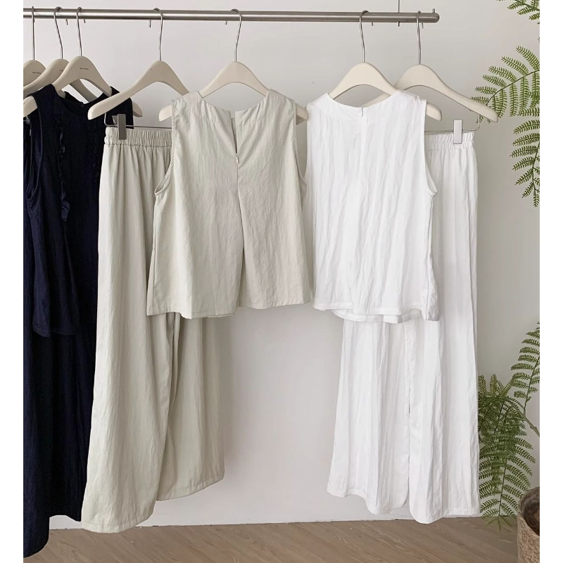 韓系木耳邊背心＋寬褲兩件式套裝 寬鬆修身顯瘦款 大尺碼友善版型