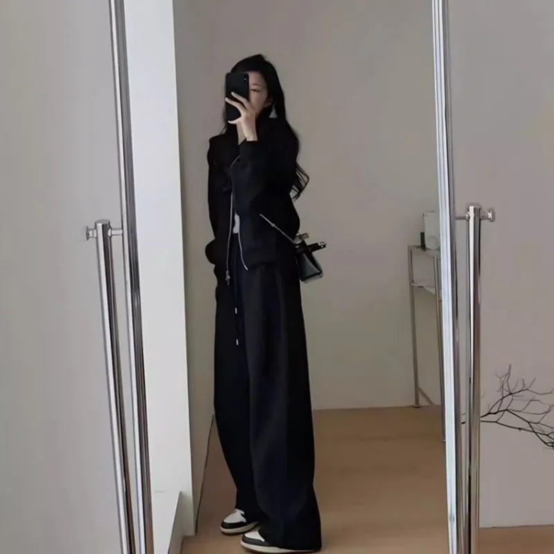 韓系·運動休閒套裝-連帽外套 鬆緊腰寬褲兩件組 簡約高級感穿搭