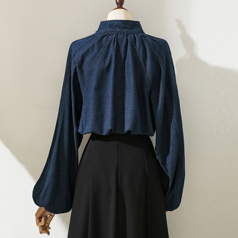 牛仔系帶蝴蝶結襯衫 燈籠袖設計 百搭丹寧上衣