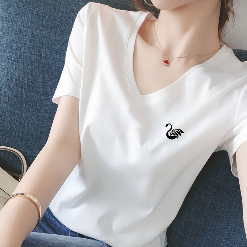 S-4XL/ 棉質 正肩短袖T恤 韓國顯瘦剪裁 V領微甜心機