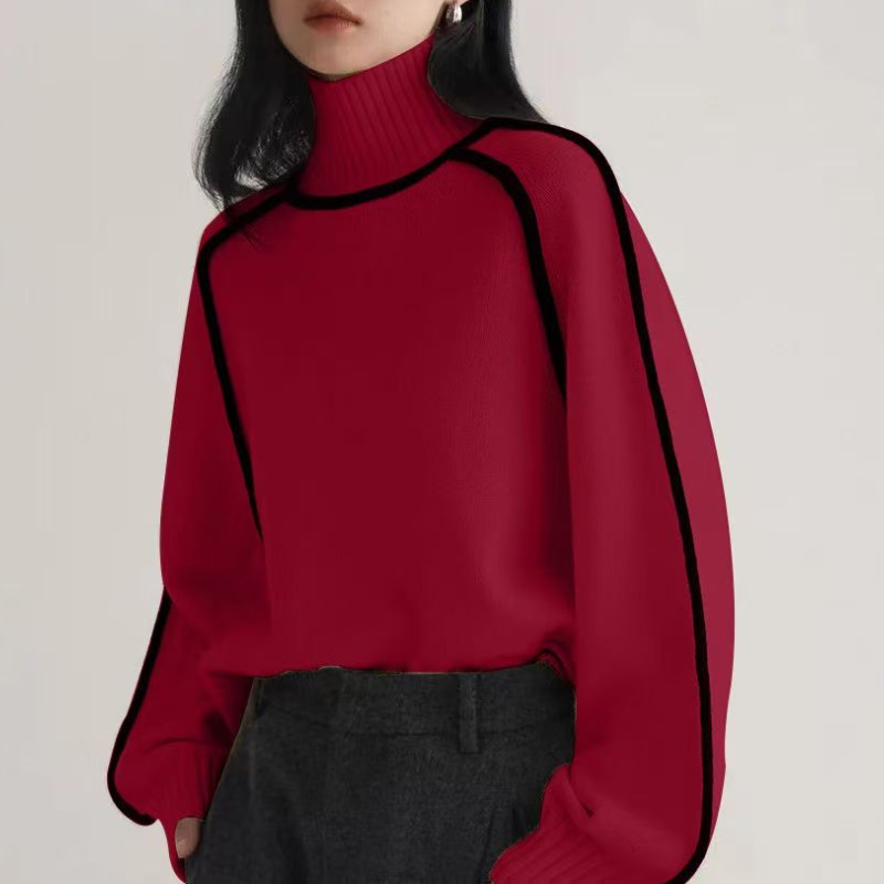 高領插肩針織毛衣 法式感燈籠袖 滾邊設計 寬鬆版型